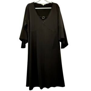 Sunny Leigh Womens Solid Black Dress Size 2X V Neck 3/4 Ruffle Sleeves Sheath
